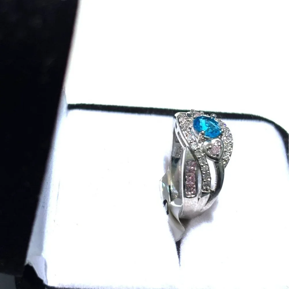 Sterling Silver Ring With Blue & Pink Stones Size  8.5  Elegant Design For Women - Picture 4 of 4